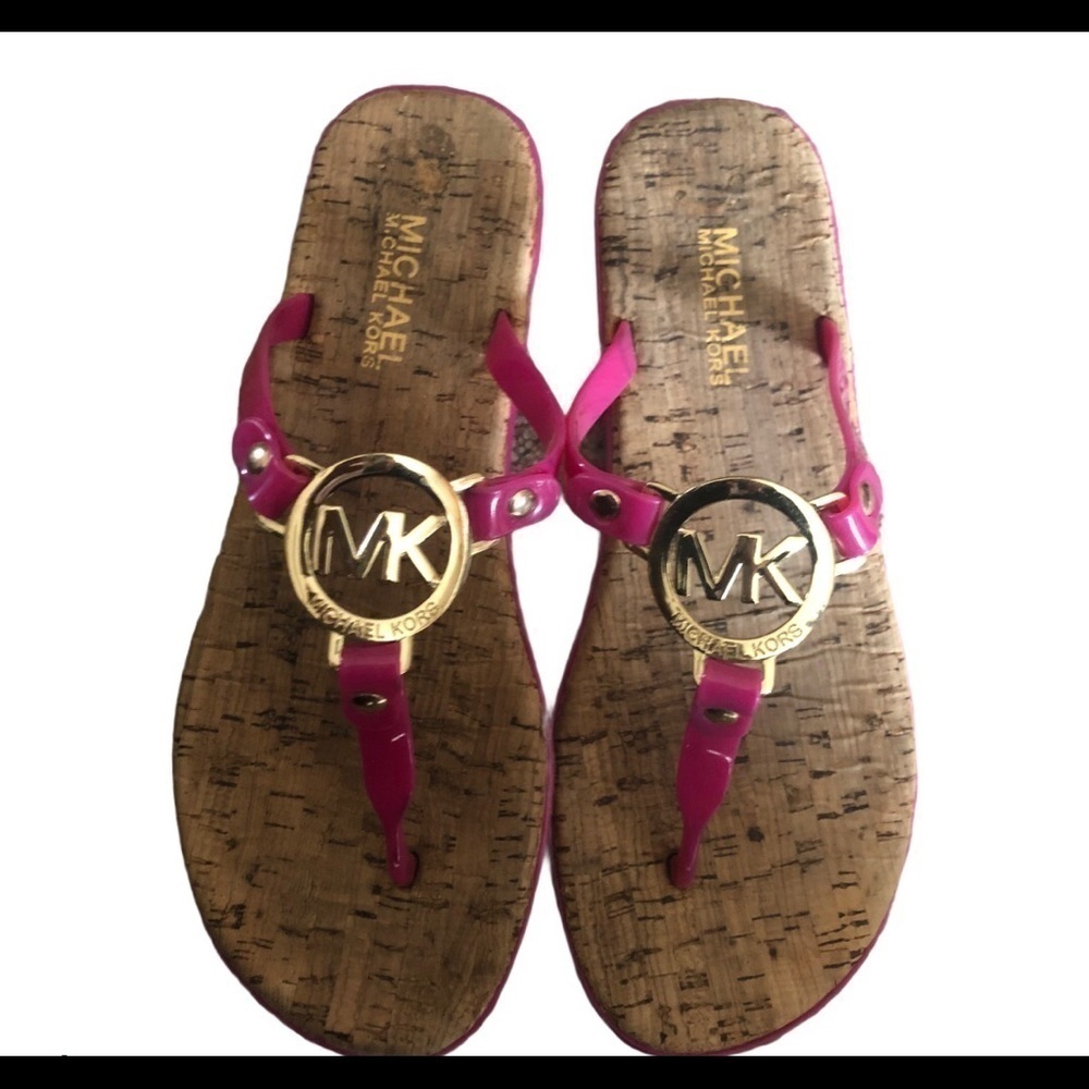 MK Michael KORS Cork Flat Thong Sandals MK Logo Jelly PVC Sz. 7 Gold Hardware